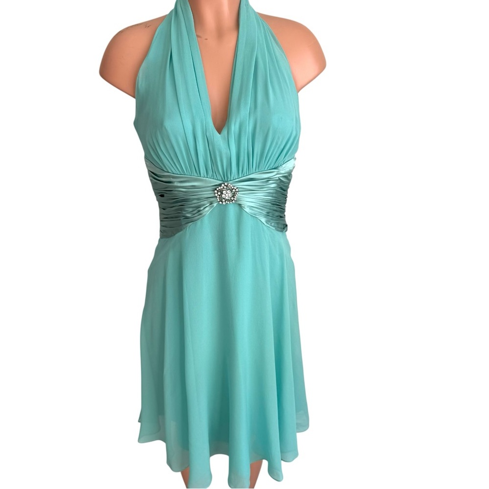 Vintage Maggy London Silk Halter Midi Dress Teal Open Back Party Dress Size 8P
